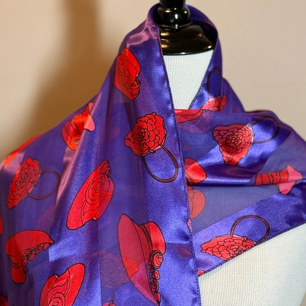 Women's Purple Lightweight Red Satin Fashion Scarf Wrap Red Hat Design 60”x13.5”